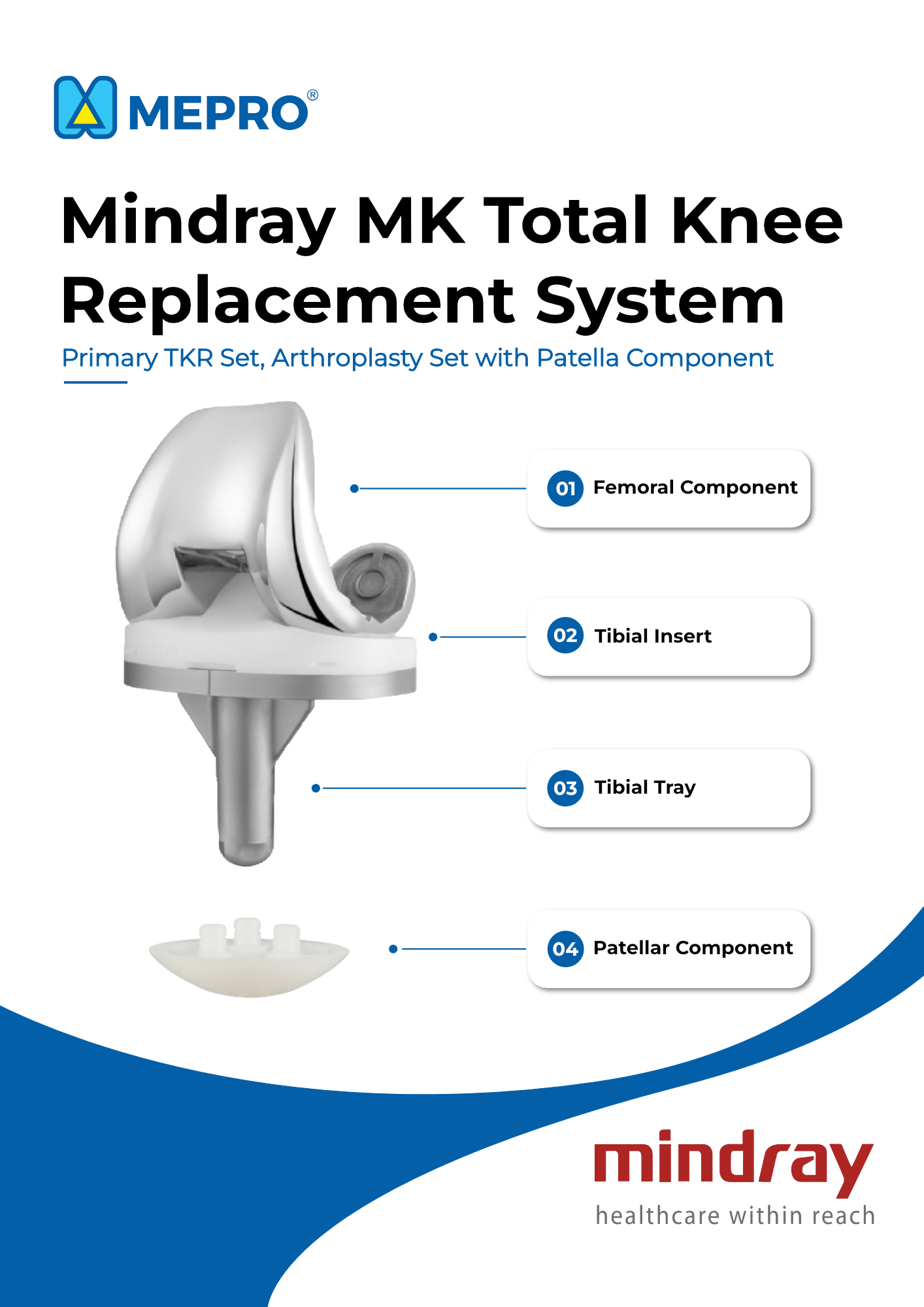 Mindray MK Total Knee Replacement System, Primary TKR, Arthroplasty Set with Patella